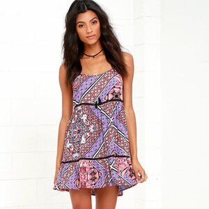 Lulu's Lucky One Purple Coral Mini Dress Tiered Small Lavender Small Paisley